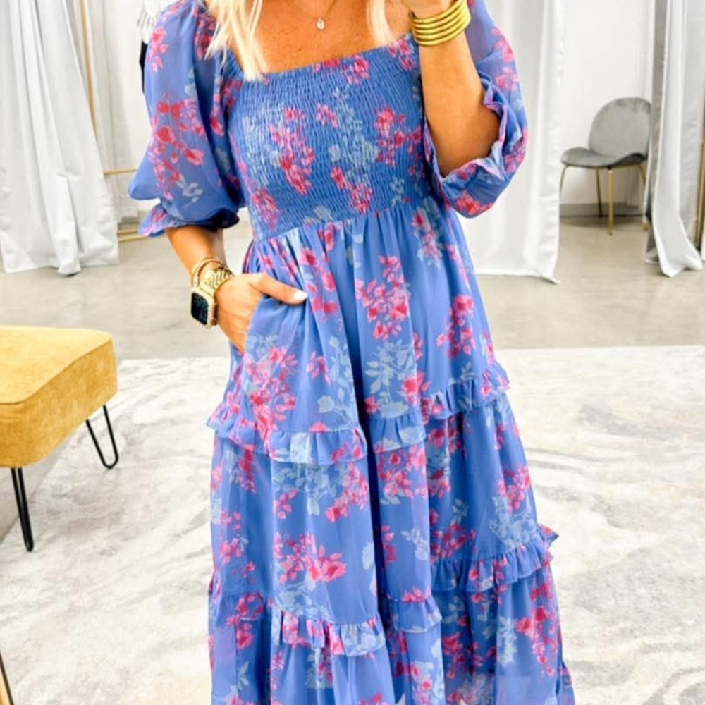 Elegant Floral Off-Shoulder Blue Maxi Dress - Picture 3 of 3